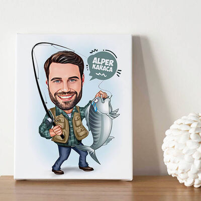 Balıkçı Erkek Karikatürlü Kanvas Tablo - 1