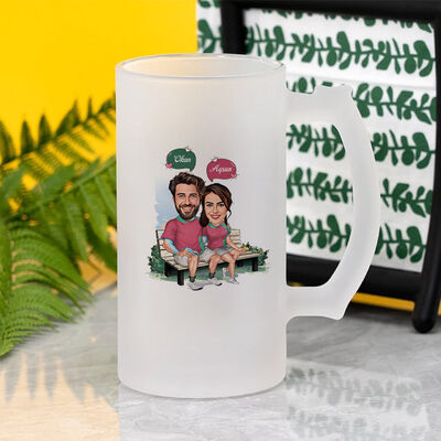 Banktaki Sevgililer Karikatürlü Bira Bardağı - 2