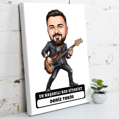 Bas Gitarist Müzisyen Erkek Karikatürlü Kanvas Tablo - 1