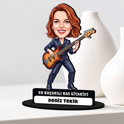 Bas Gitarist Müzisyen Kadın Karikatürlü Biblo - 1