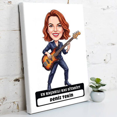 Bas Gitarist Müzisyen Kadın Karikatürlü Kanvas Tablo - 1