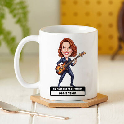 Bas Gitarist Müzisyen Kadın Karikatürlü Kupa Bardak - 1