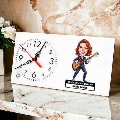 Bas Gitarist Müzisyen Kadın Karikatürlü Masa Saati - 1