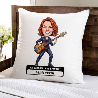 Bas Gitarist Müzisyen Kadın Karikatürlü Yastık - 1