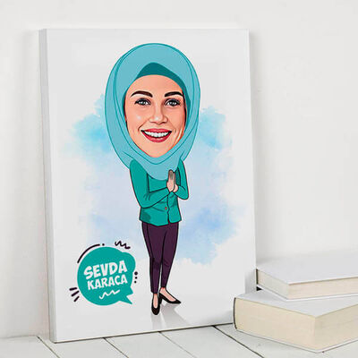 Başörtülü Eşe Hediye Karikatürlü Kanvas Tablo - 1