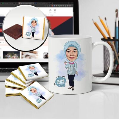 Başörtülü Güzel Kadın Karikatürlü Kupa ve Çikolata - 1