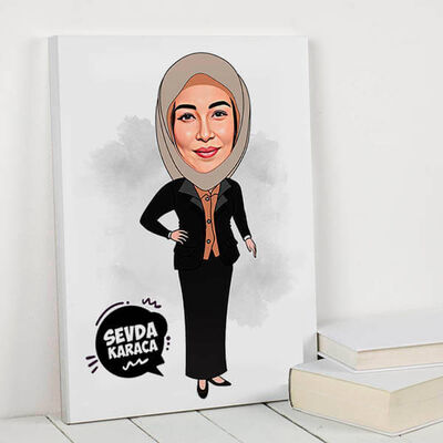 Başörtülü Kadın Karikatürlü Kanvas Tablo - 1