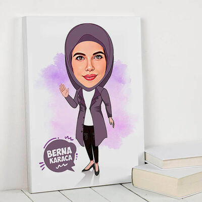 Başörtülü Sevgiliye Hediye Karikatürlü Kanvas Tablo - 1