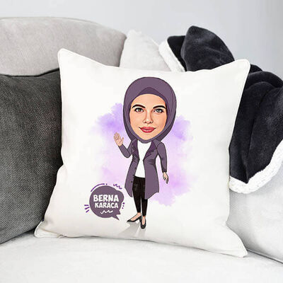 Başörtülü Sevgiliye Hediye Karikatürlü Yastık - 1