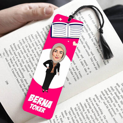 Başörtülü Zarif Kadın Karikatürlü Püsküllü Kitap Ayracı - 1
