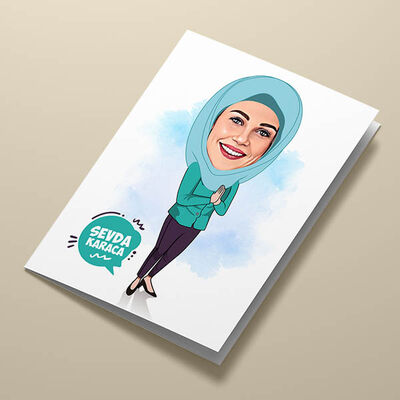 Başörtülü Zarif Kadın Karikatürlü Tebrik Kartı - 2