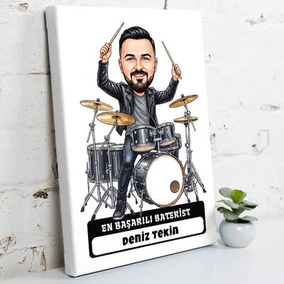 Baterist Müzisyen Erkek Karikatürlü Kanvas Tablo - 1
