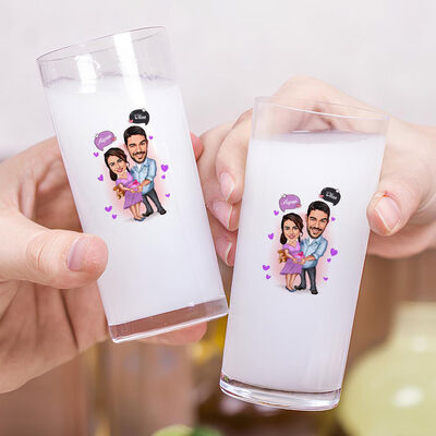 Bebek Bekleyen Çift Karikatürlü İkili Rakı Bardağı Seti - 2