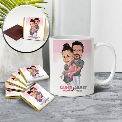Bebek Bekleyen Çiftler Karikatürlü Kupa ve Çikolata - 1