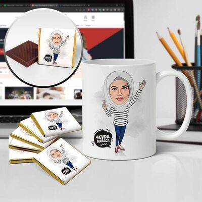 Beyaz Başörtülü Kadın Karikatürlü Kupa ve Çikolata - 1