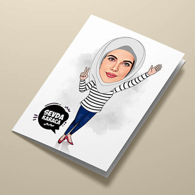 Beyaz Başörtülü Kadın Karikatürlü Tebrik Kartı - 2