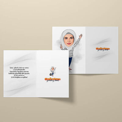 Beyaz Başörtülü Kadın Karikatürlü Tebrik Kartı - 3