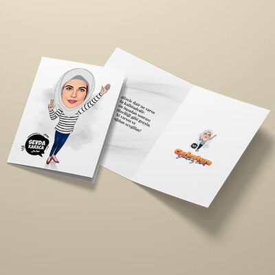Beyaz Başörtülü Kadın Karikatürlü Tebrik Kartı - 4