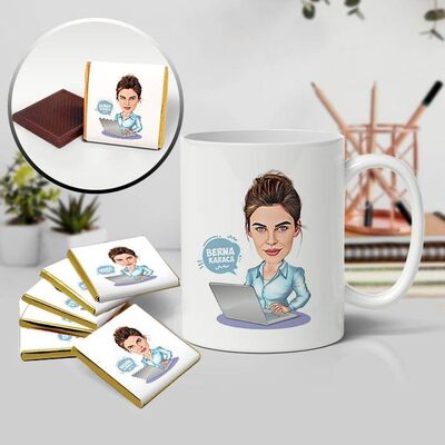 Bilgisayar Başındaki Kadın Karikatürlü Kupa ve Çikolata - 1