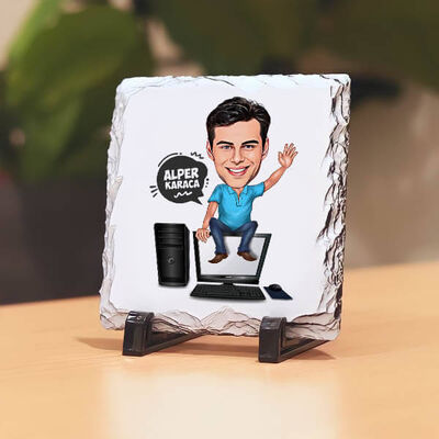 Bilgisayar Kurdu Erkek Karikatürlü Taş Baskı - 1