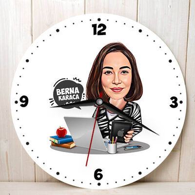 Bilgisayarla Çalışan Kadın Karikatürlü Duvar Saati - 1