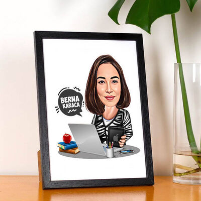 Bilgisayarla Çalışan Kadın Karikatürlü Resim Çerçevesi - 1