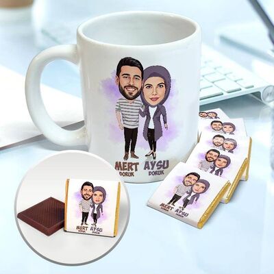 Birbirimize Aşığız Karikatürlü Kupa ve Çikolata - 1