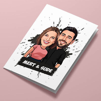 Birbirine Aşık Sevgililer Karikatürlü Tebrik Kartı - 1