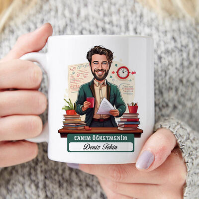 Biricik Öğretmenim Mesajlı Erkek Karikatürlü Bardak - 1