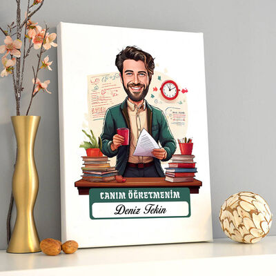 Biricik Öğretmenim Mesajlı Erkek Karikatürlü Tablo - 1