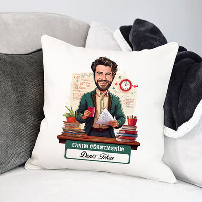 Biricik Öğretmenim Mesajlı Erkek Karikatürlü Yastık - 1