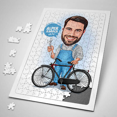 Bisiklet Tamircisi Erkek Karikatürlü Puzzle - 1