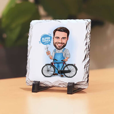 Bisiklet Tamircisi Erkek Karikatürlü Taş Baskı - 1