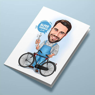 Bisiklet Tamircisi Erkek Karikatürlü Tebrik Kartı - 1