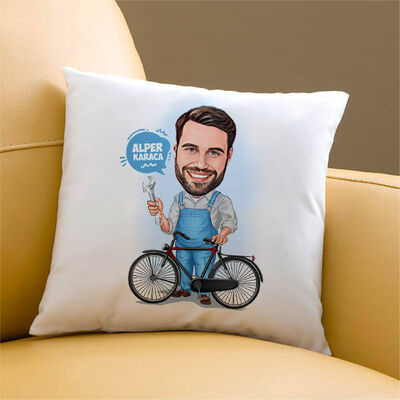 Bisiklet Tamircisi Erkek Karikatürlü Yastık - 1