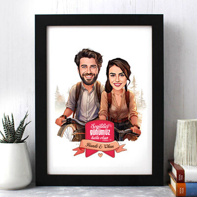 Bisikletteki Aşıklar Çiftlere Özel Karikatürlü Çerçeve - 1