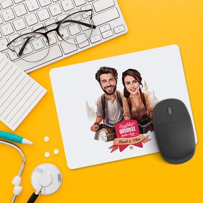 Bisikletteki Aşıklar Çiftlere Özel Karikatürlü Mousepad - 1