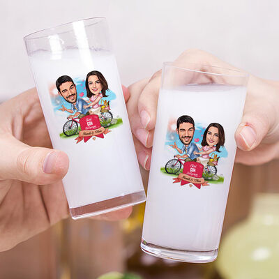 Bisikletteki Çift Karikatürlü İkili Rakı Bardağı Seti - 2