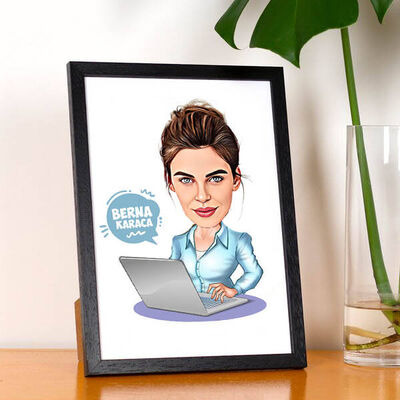 Çalışan Güzel Kız Karikatürlü Resim Çerçevesi - 1