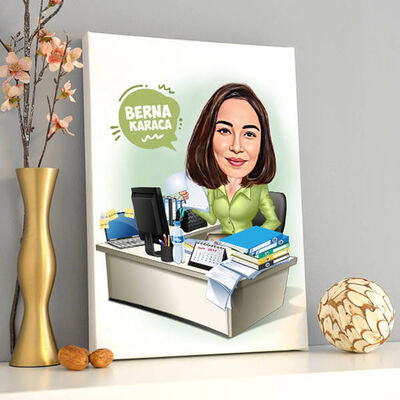 Çalışan Kadın Karikatürlü Kanvas Tablo - 1