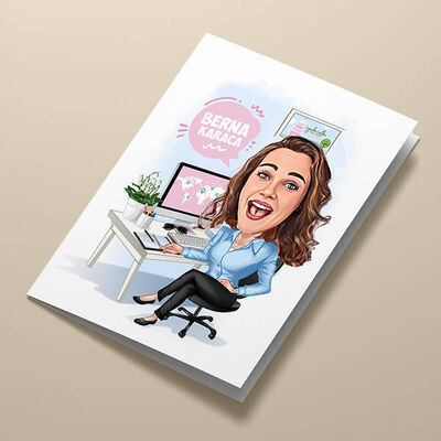 Çalışan Mutlu Kadın Karikatürlü Tebrik Kartı - 1