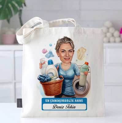 Çamaşırkolik Anne Karikatürlü Bez Çanta - 1