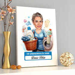 Çamaşırkolik Anne Karikatürlü Kanvas Tablo - 1