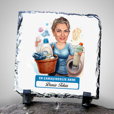 Çamaşırkolik Anne Karikatürlü Taş Baskı - 1