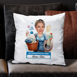 Çamaşırkolik Anne Karikatürlü Yastık - 1