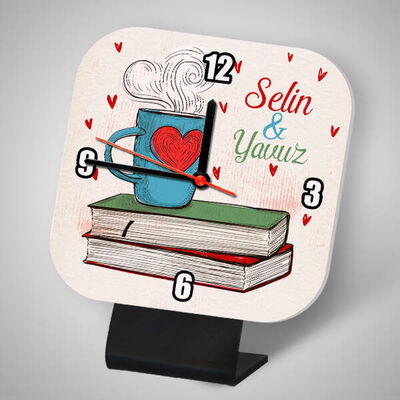 Çay ve Kitap Figürlü Kare Masa Saati - 1