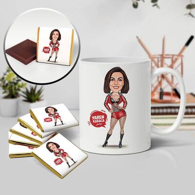 Çekici Harika Kadın Karikatürlü Kupa ve Çikolata - 1