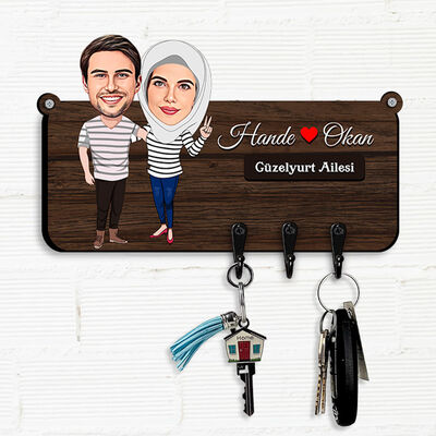Çiçeği Burnunda Çiftler Karikatürlü Anahtar Askısı - 1