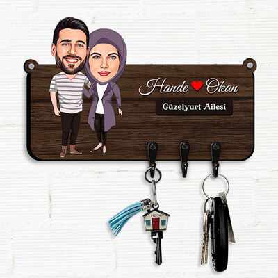 Çiçeği Burnunda Eşler Karikatürlü Anahtar Askısı - 1