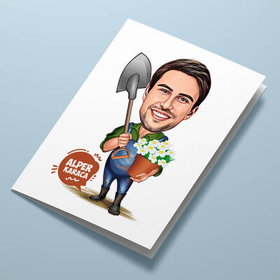 Çiçek Sever Erkek Karikatürlü Tebrik Kartı - 1